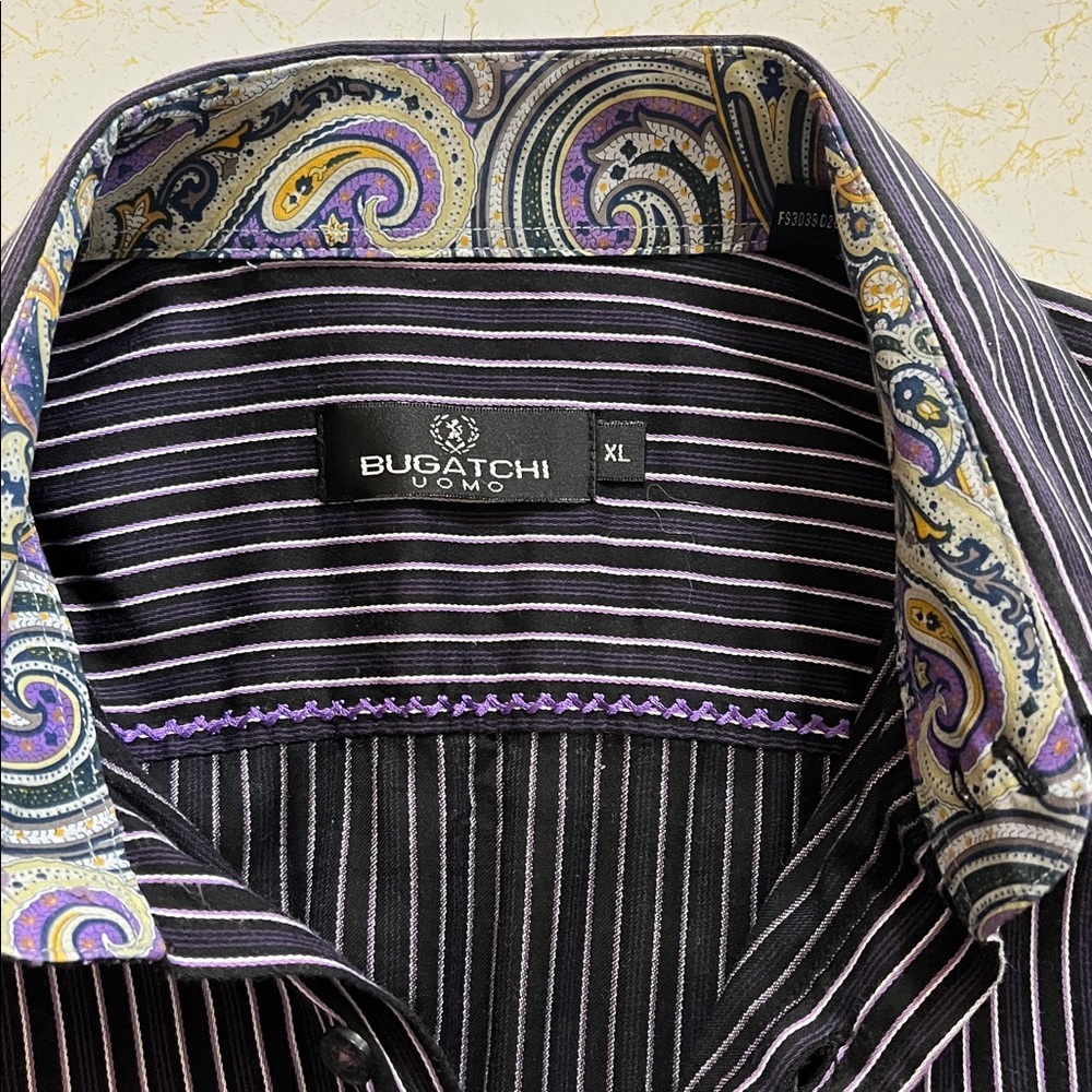 -Bugatchi Uomo Black w/Purple & Grey Button-Down w/Flip Cuffs & Collar L/S Sz XL - Picture 7 of 14